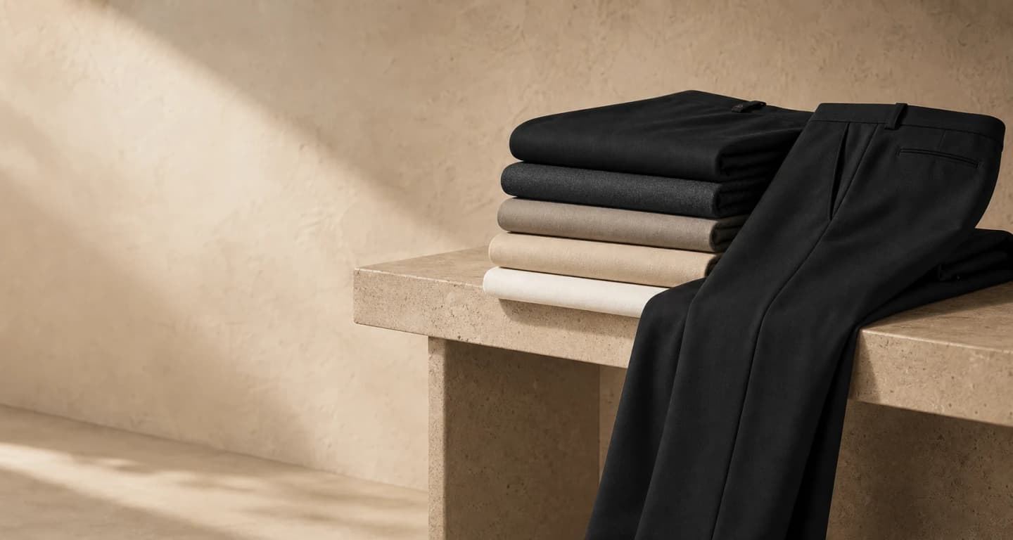 Stacked AEVRO trousers in black, charcoal, stone, beige, and ivory